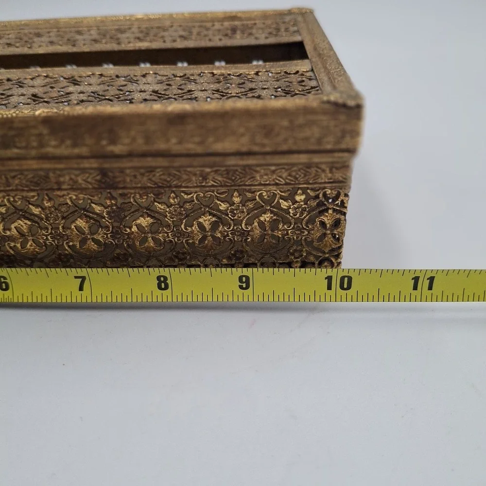 Vtg Brass Filigree Tissue Box Cover Holder Hollywood Regency Gold Ornate Metal